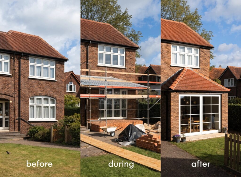 before, during and after photos of a completed loft conversion project