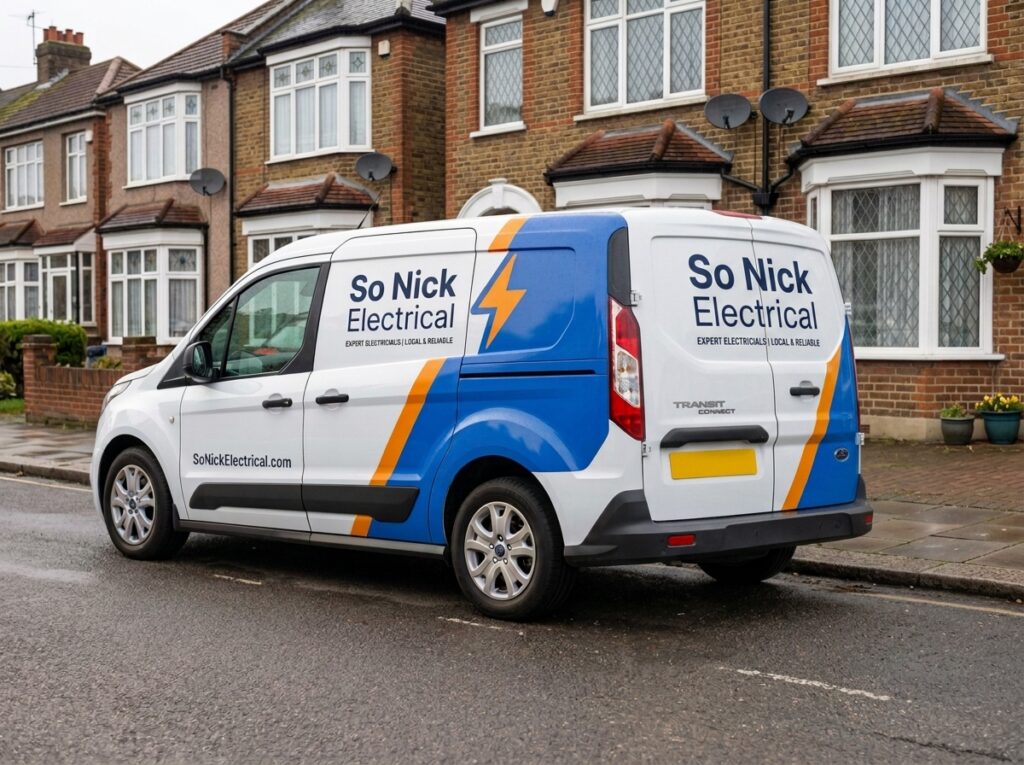 branded electrician's van parked outside a house during a job