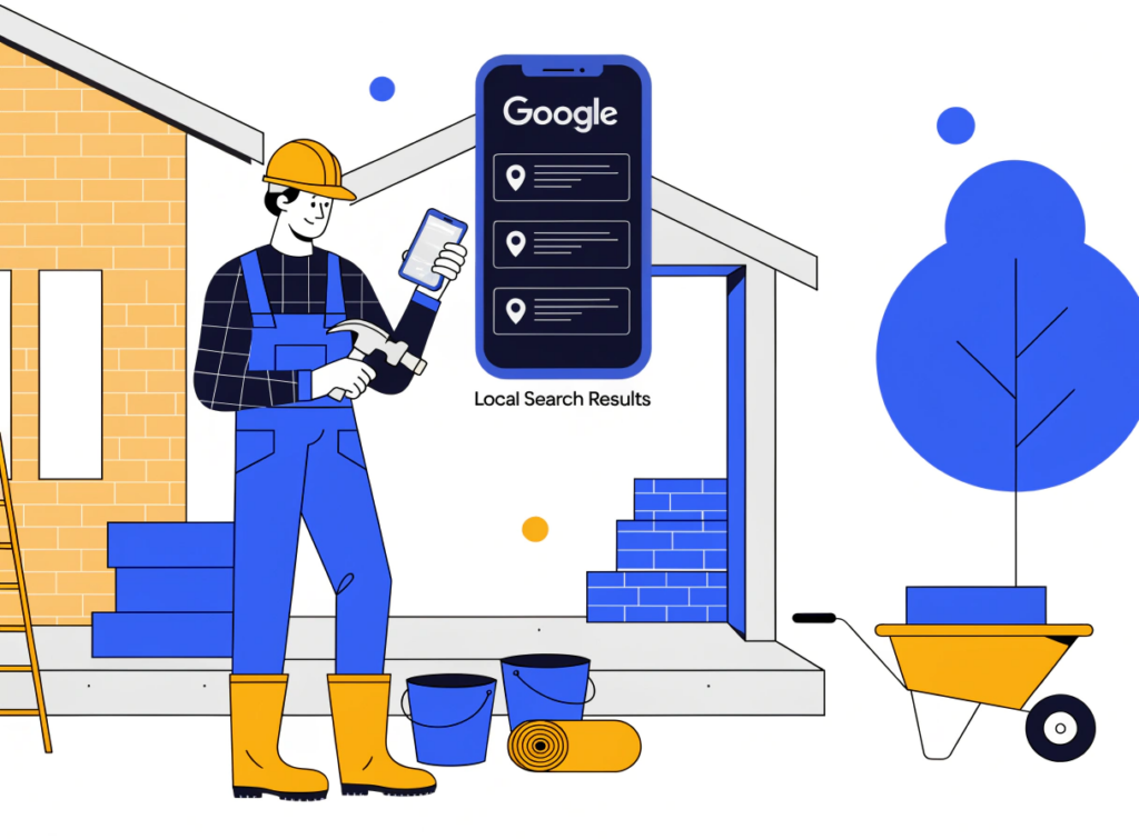builder on a construction site with a smartphone showing local search results nearby (2)
