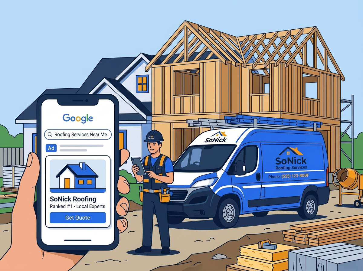 builder on a construction site with a smartphone showing local search results nearby