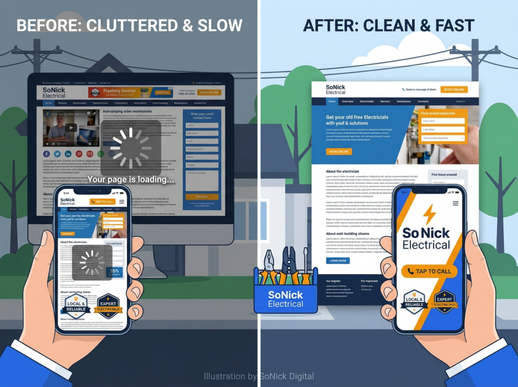 comparison of a poorly designed electrician website versus a well designed, conversion focused one