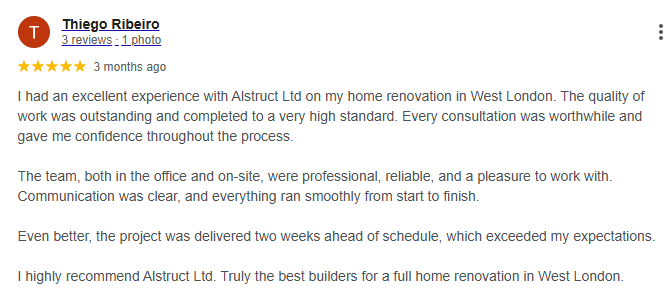 detailed google review from a client mentioning an extension project by name