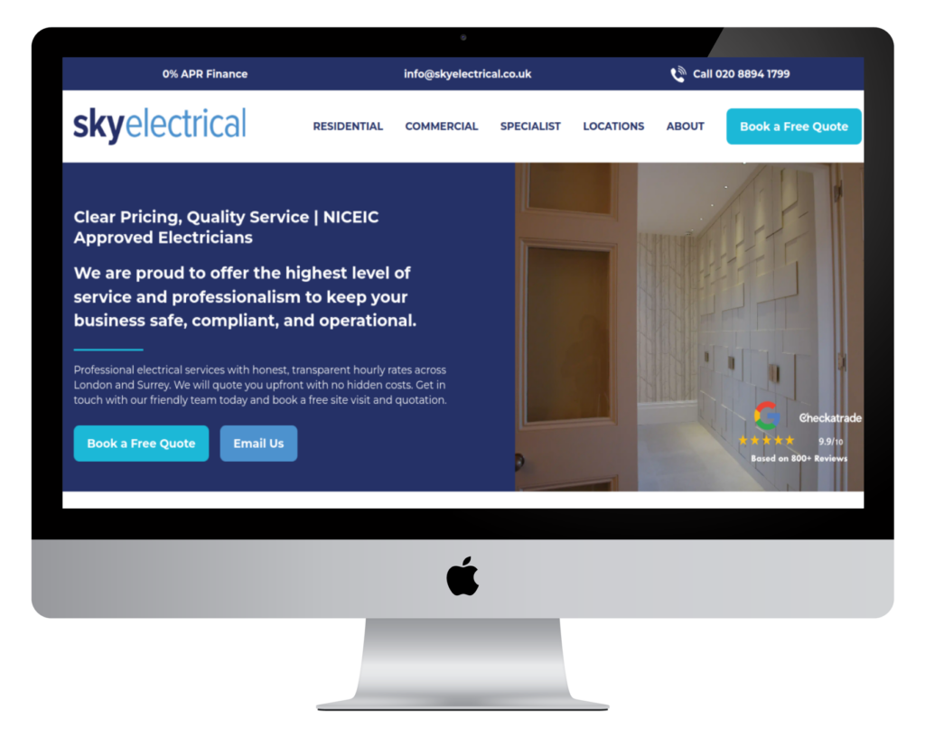 electrician service page showing pricing, certification badges and a clear call to action