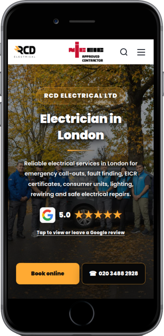 electrician website homepage on mobile with tap to call number and trust badges visible