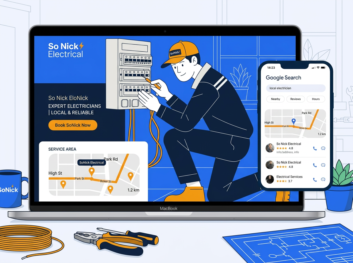 electrician website shown alongside google search results illustrating seo for electricians