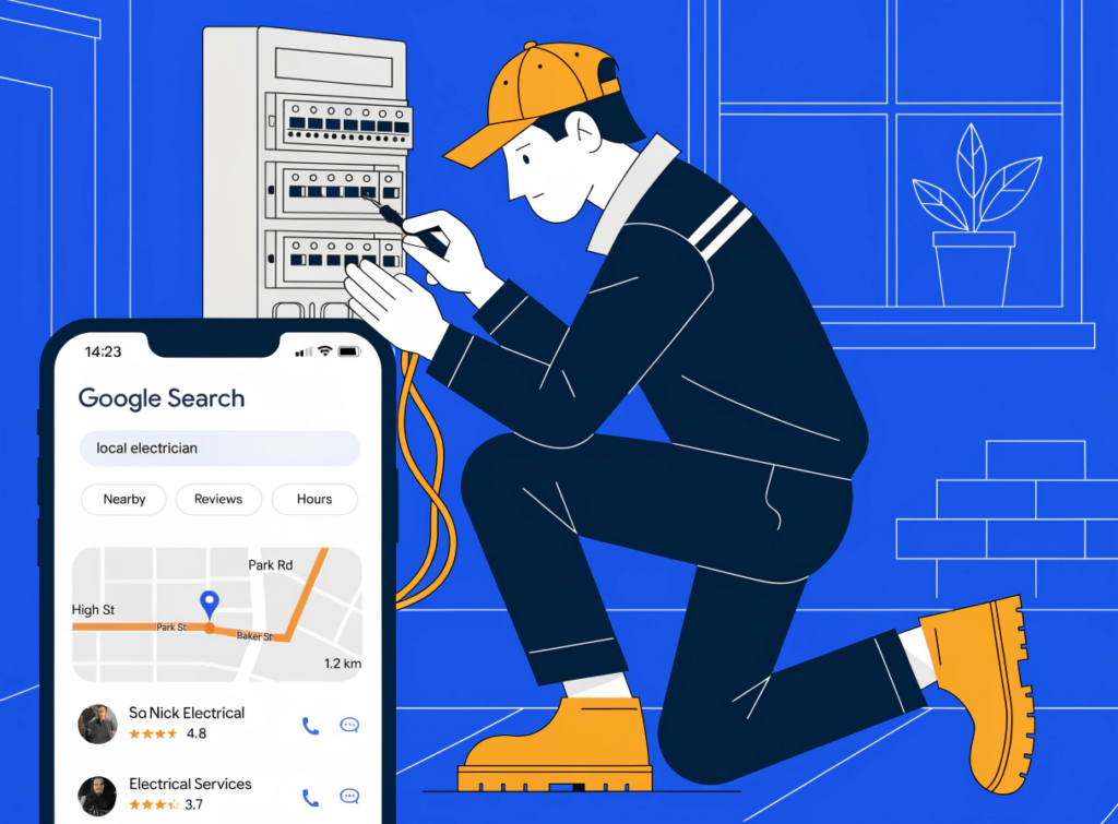electrician working on a consumer unit with a smartphone showing local search results overlaid