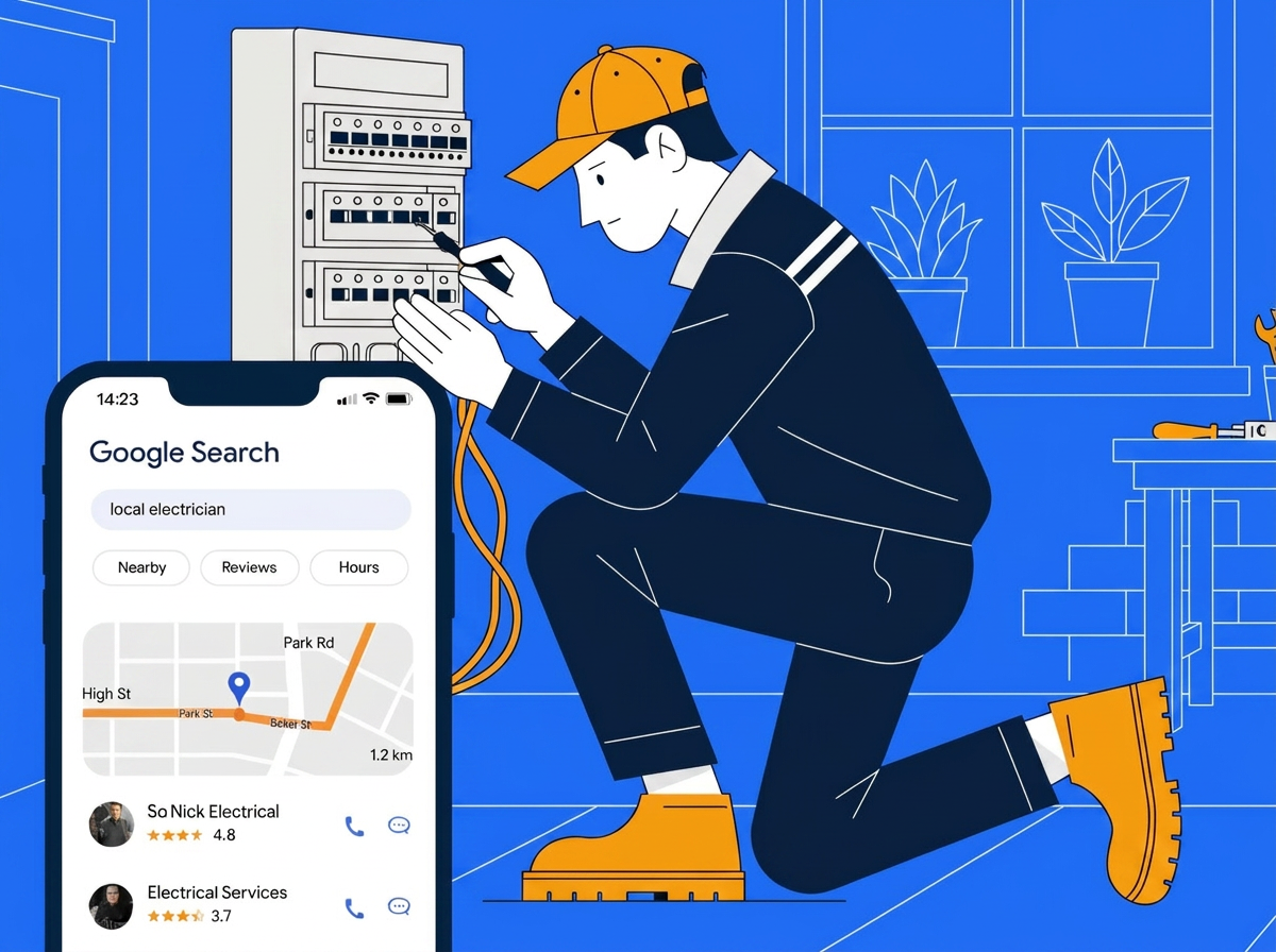 electrician working on a consumer unit with local google search results shown on a nearby phone