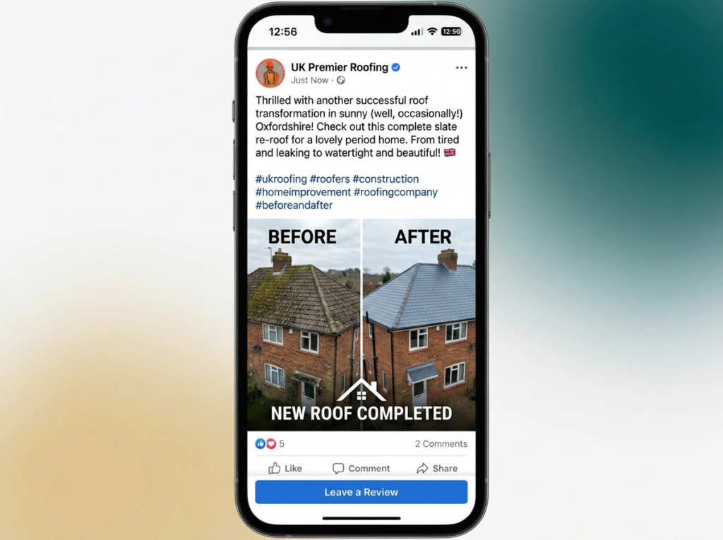 facebook post showing before and after photos of a completed roof repair, location tagged