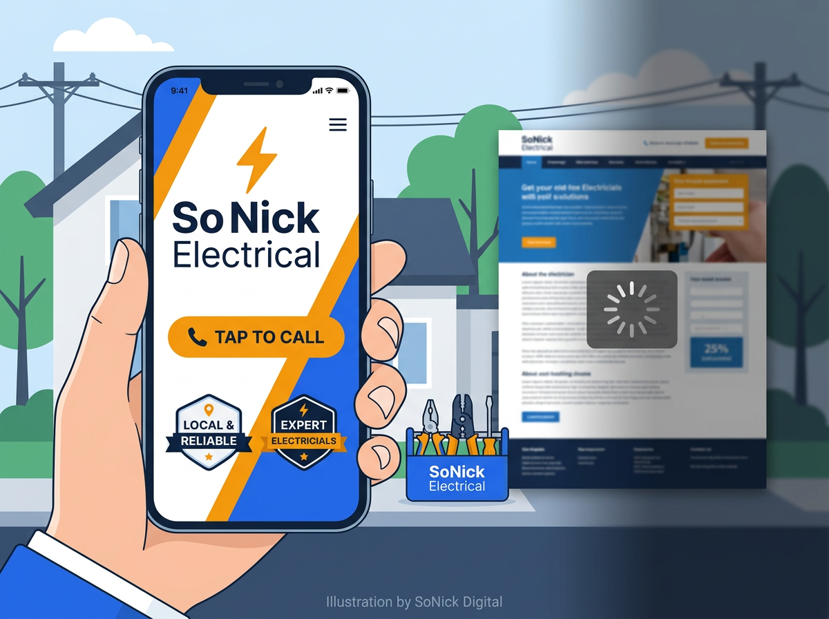 fast, mobile first electrician website with a tap to call button and trust badges