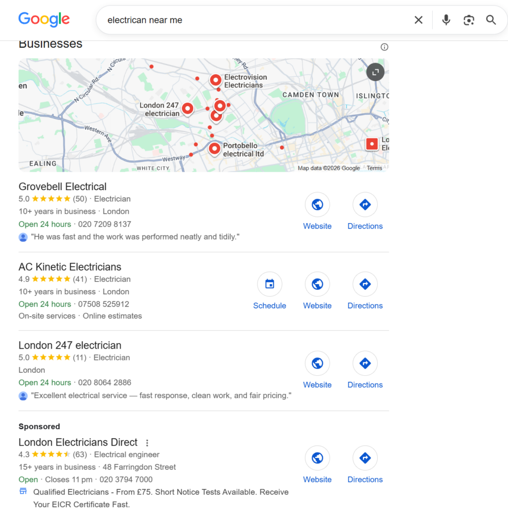 google local map pack showing three electrician businesses for a nearby search