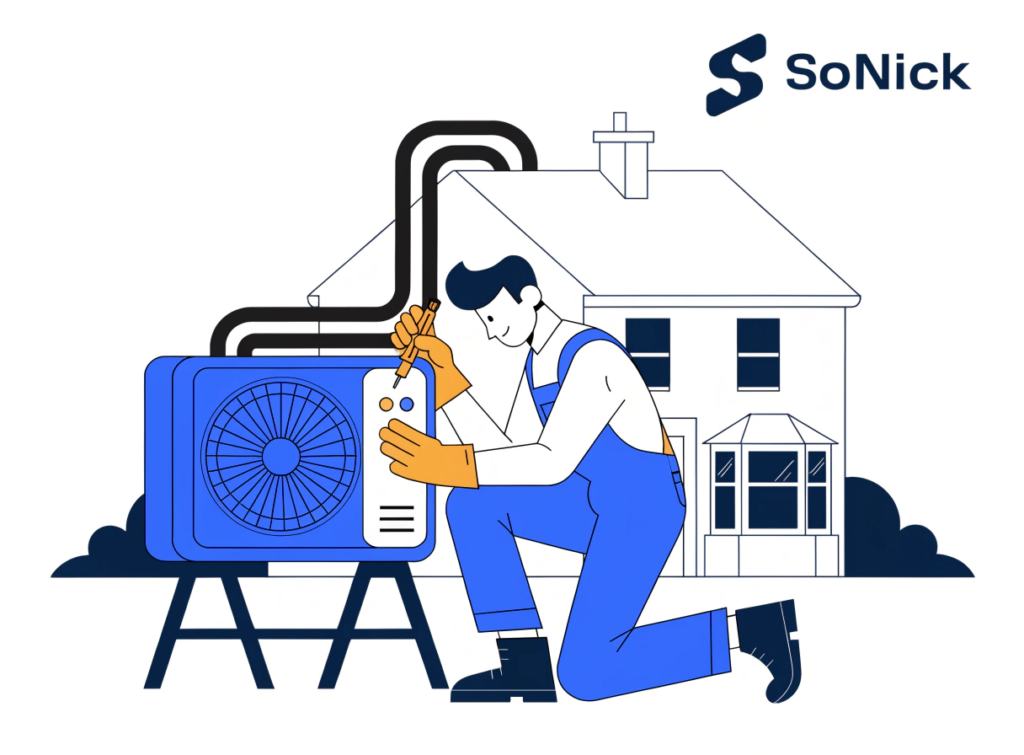 heating engineer installing an air source heat pump outside a home (2)