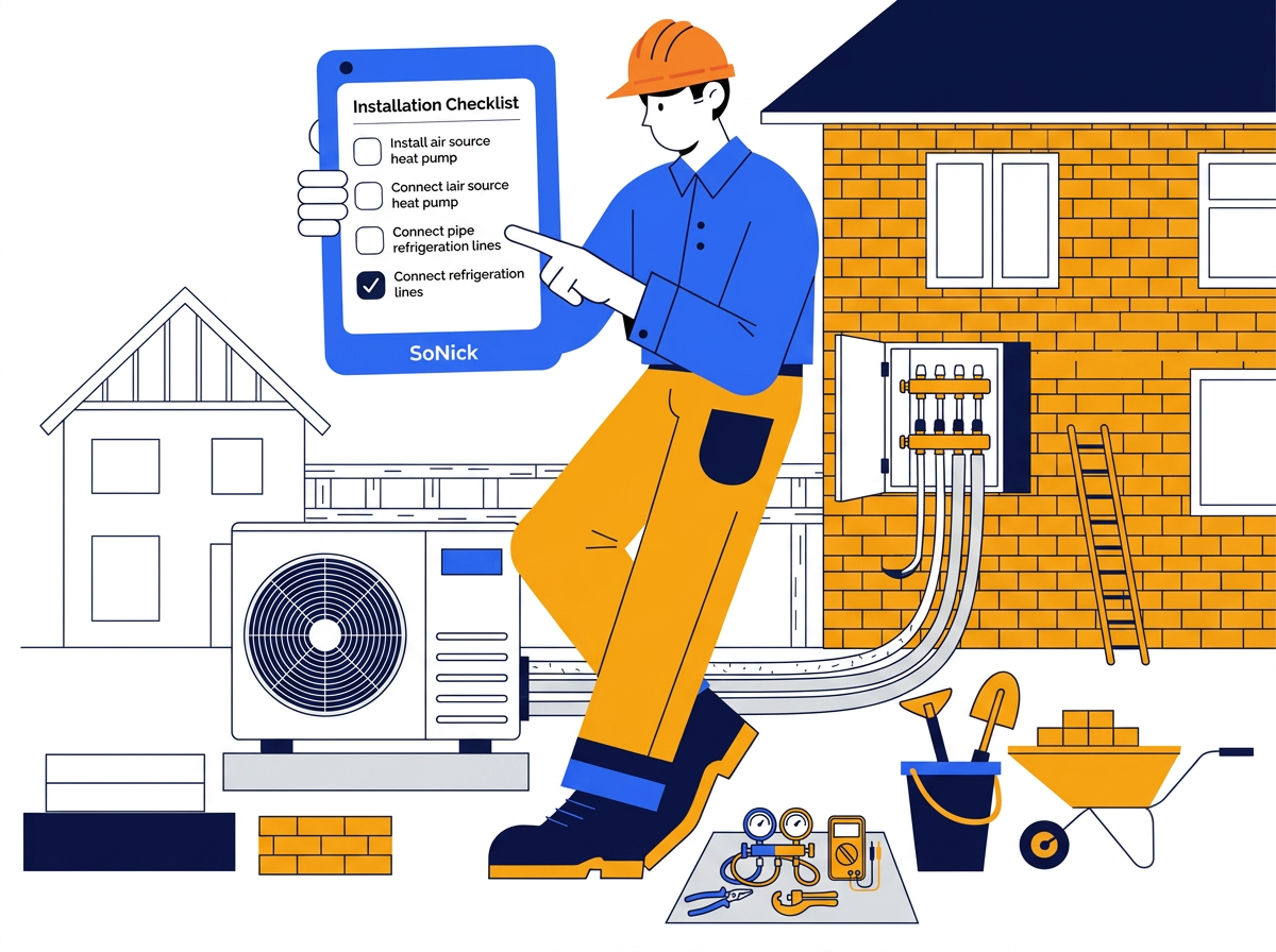 heating engineer installing an air source heat pump outside a home