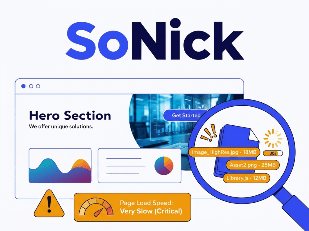 illustration showing a website that looks fine on the surface but has hidden performance problems underneath