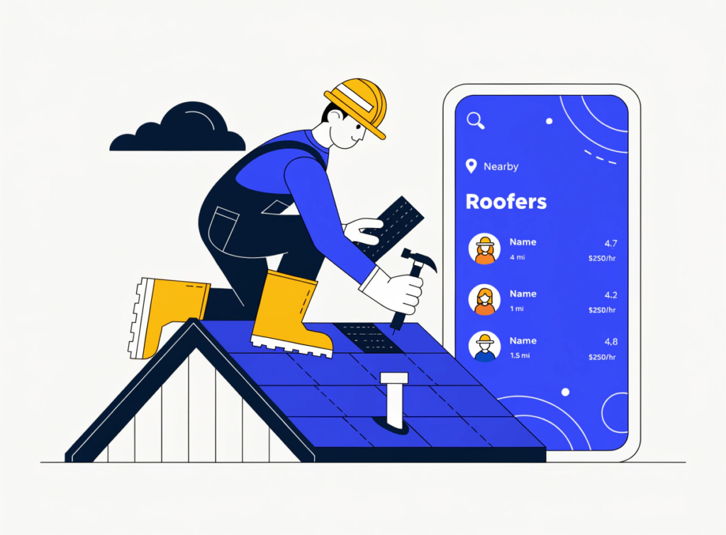 roofer working on a roof with a smartphone showing local search results nearby
