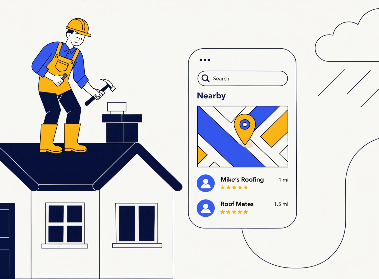 roofer working on a roof with a smartphone showing local search results nearby (2)
