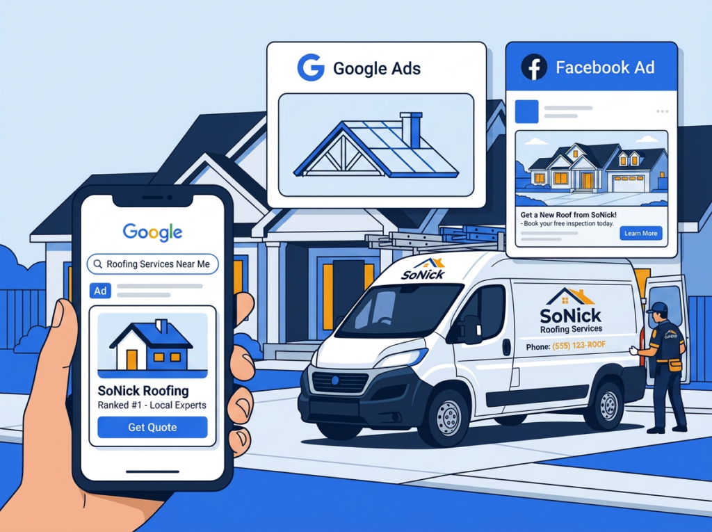 roofer's branded van with digital marketing channels illustrated around it (2)