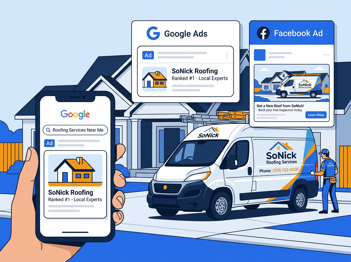 roofer's branded van with digital marketing channels illustrated around it