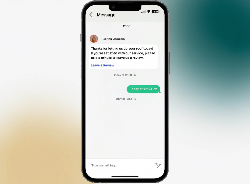 text message with a google review request link sent after a completed roofing job