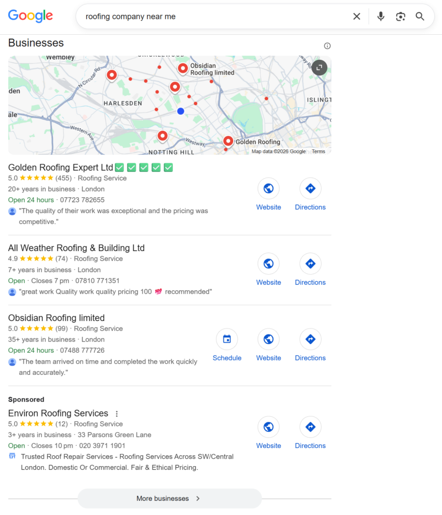 Google Business Profile for a roofing company showing services and recent job photos