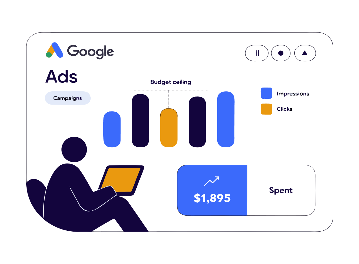 illustration of a google ads impressions bar chart capped by a budget ceiling line
