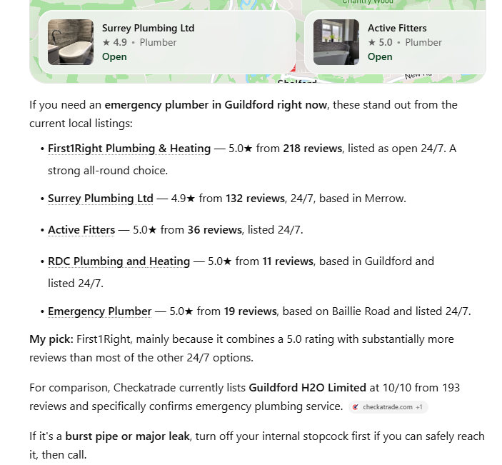 chatgpt local business list for emergency plumbers in guildford next to google's map results for the same search