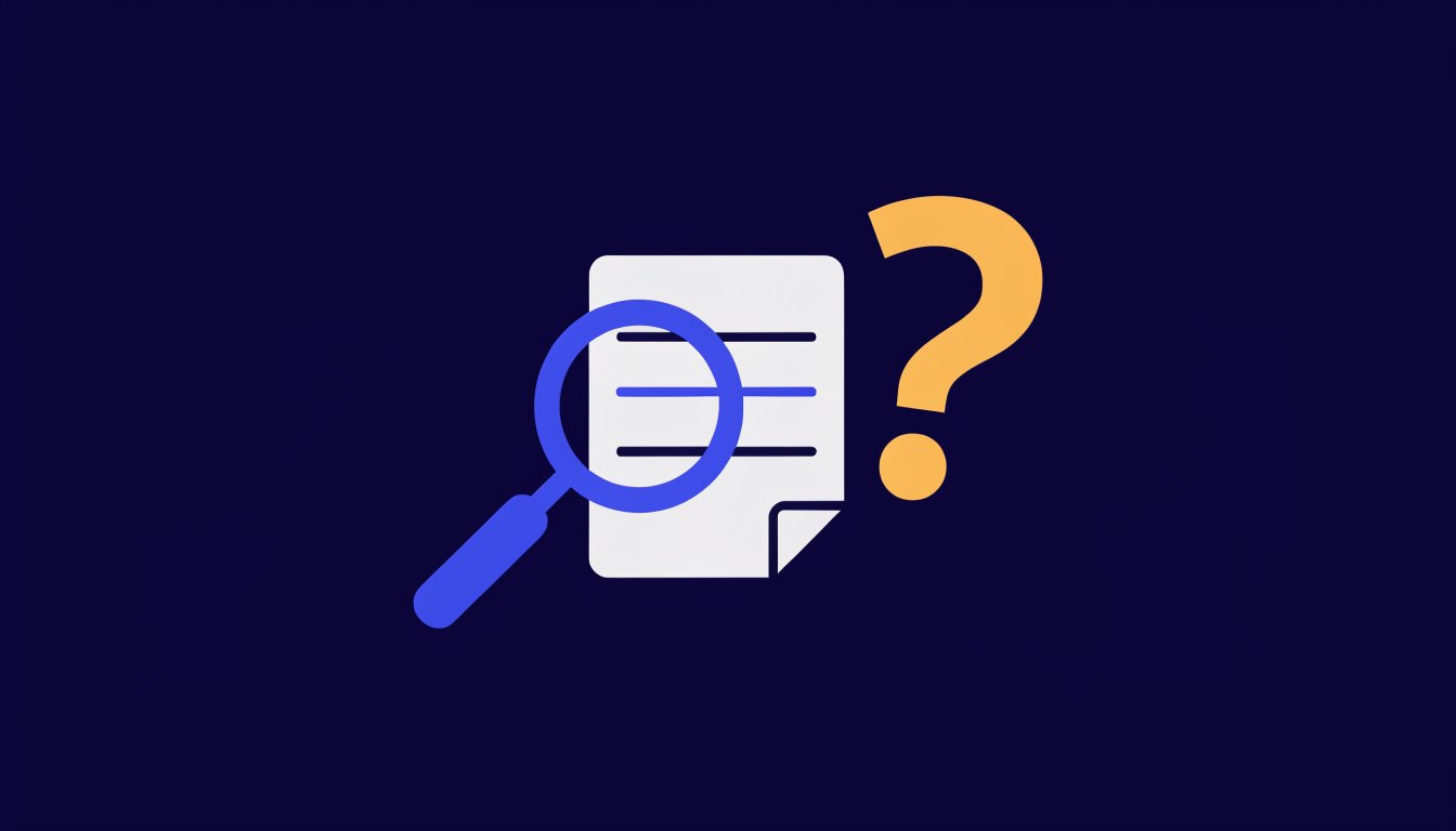 Text file under a magnifying glass beside a question mark, representing AI SEO myths such as llms.txt
