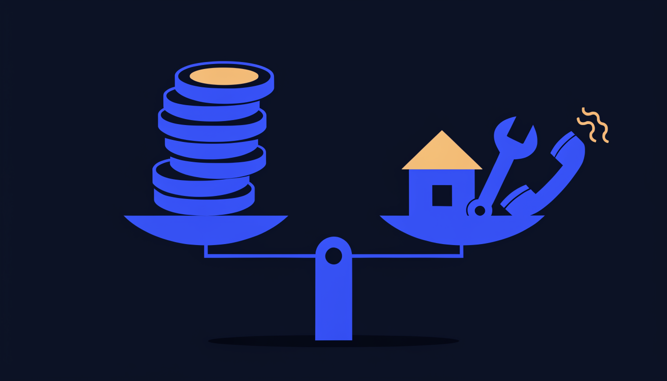 Illustration of a balance scale weighing a stack of coins against a house, spanner and ringing phone, representing whether Google Ads are worth the spend for a small business