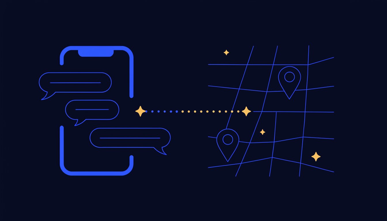 Illustration linking an AI chat on a phone to a map with location pins and matching star ratings