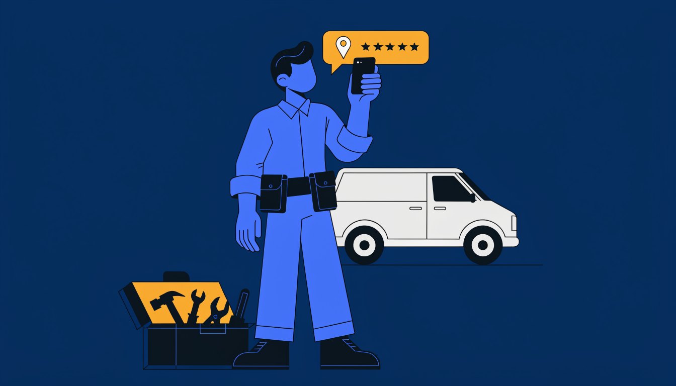 Tradesperson beside a van looking at a phone showing a five-star local recommendation
