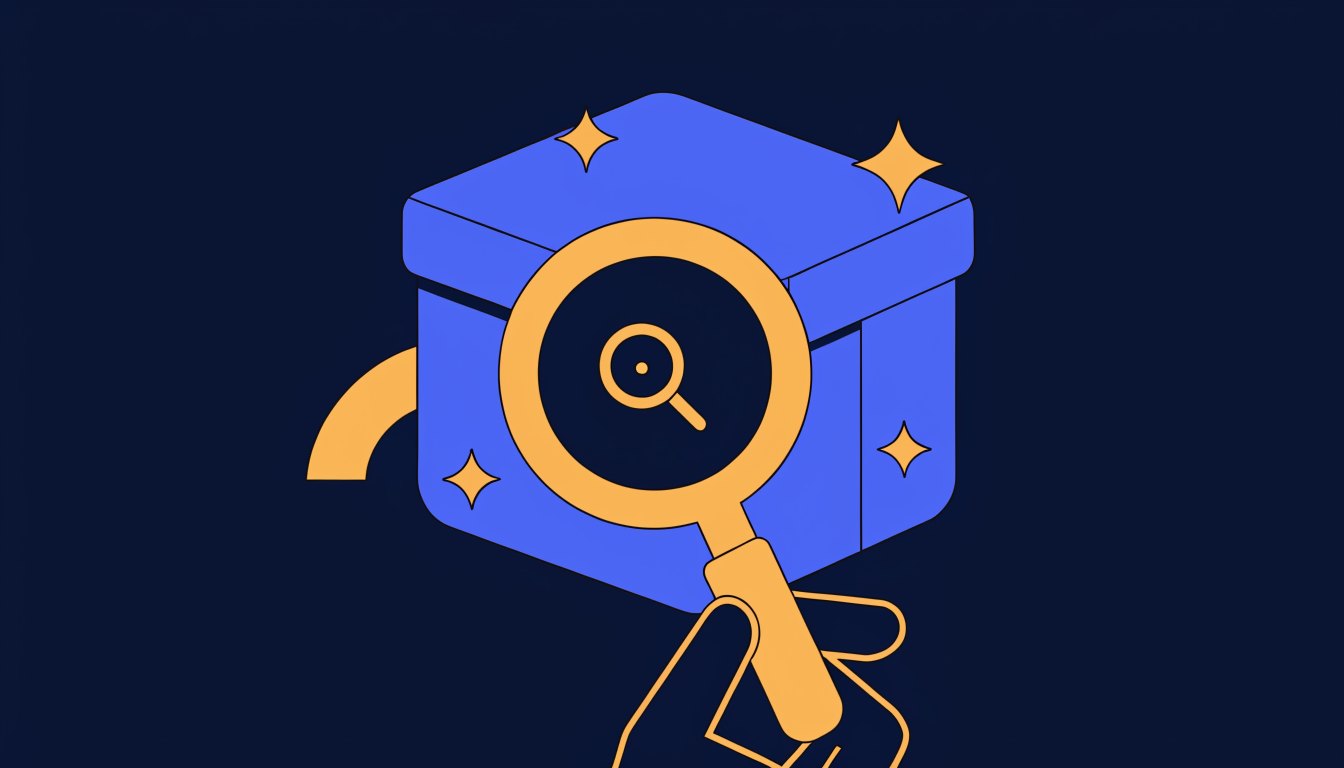 Magnifying glass revealing that a shiny AI-branded package contains ordinary search engine optimisation