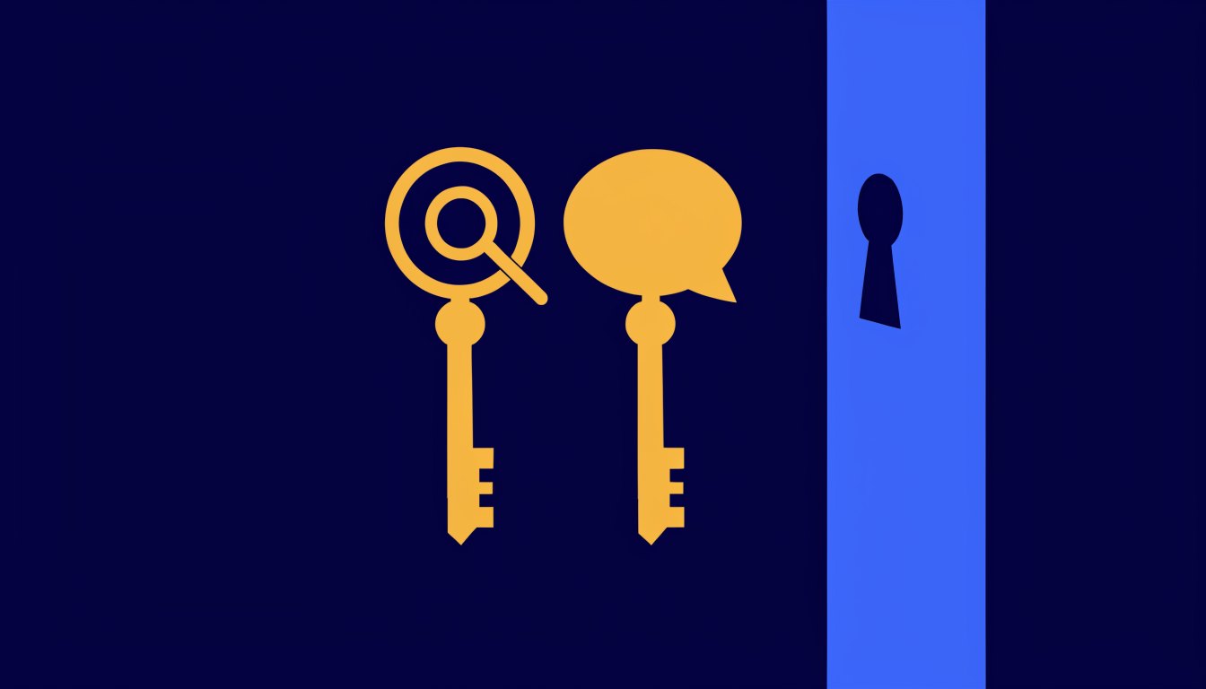 Illustration of a search key and an AI chat key fitting the same lock, representing SEO and GEO