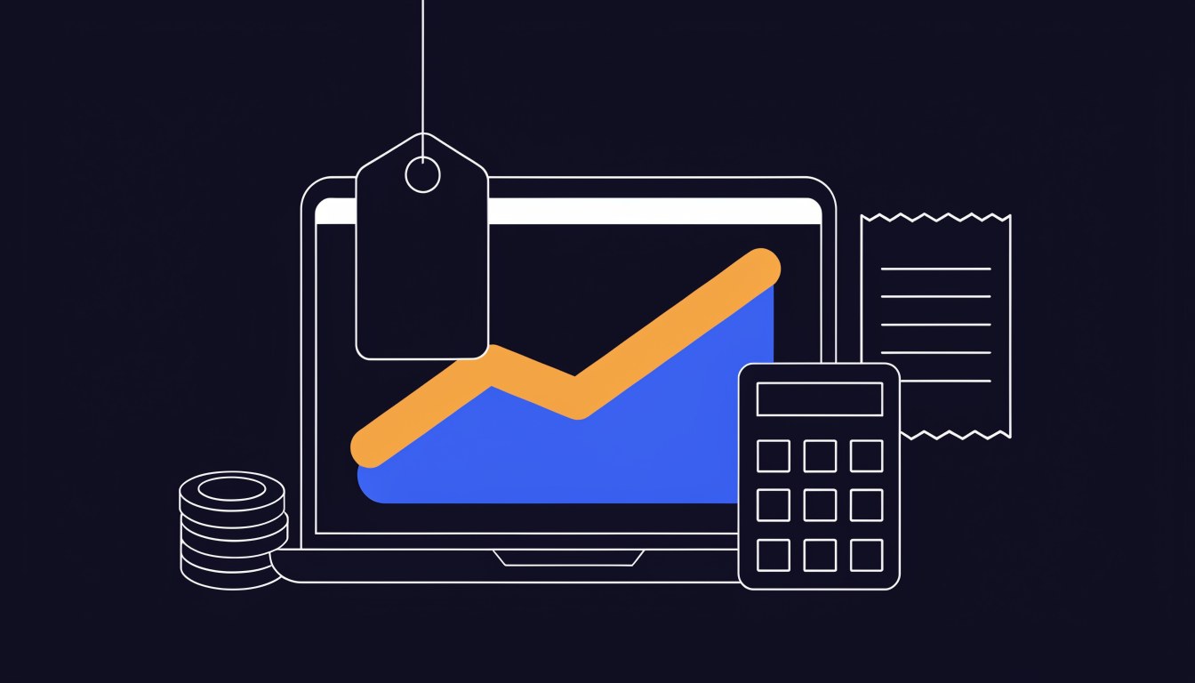 Illustration of a price tag hanging in front of a laptop showing a rising chart, with coins, a calculator and a receipt, representing what a Google Ads agency costs in the UK