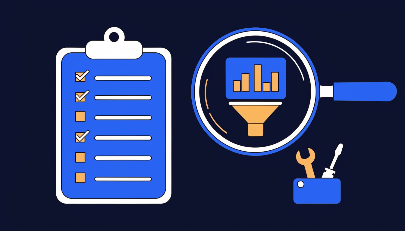 Illustration of a checklist clipboard beside a magnifying glass inspecting an ad performance chart and funnel, representing a DIY Google Ads audit
