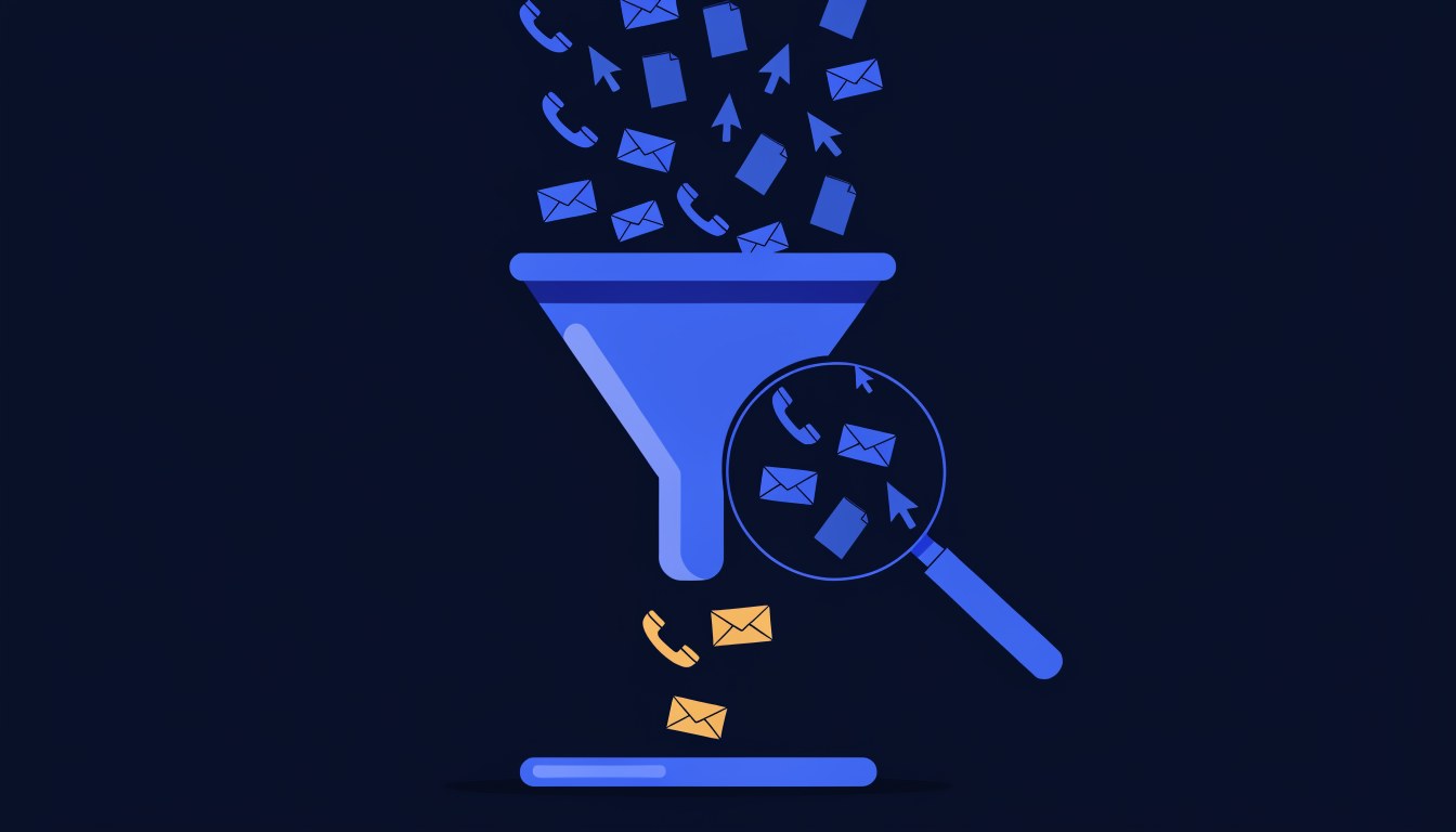Illustration of a funnel filtering many phone, email, cursor and page icons so only a few amber phone and email icons come out, with a magnifying glass inspecting them, representing accurate Google Ads conversion tracking of real leads