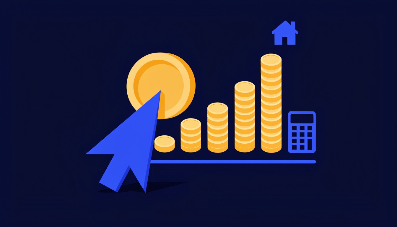 Illustration of a mouse cursor clicking a coin beside rising stacks of coins, a calculator and a house, representing what Google Ads cost per click in the UK