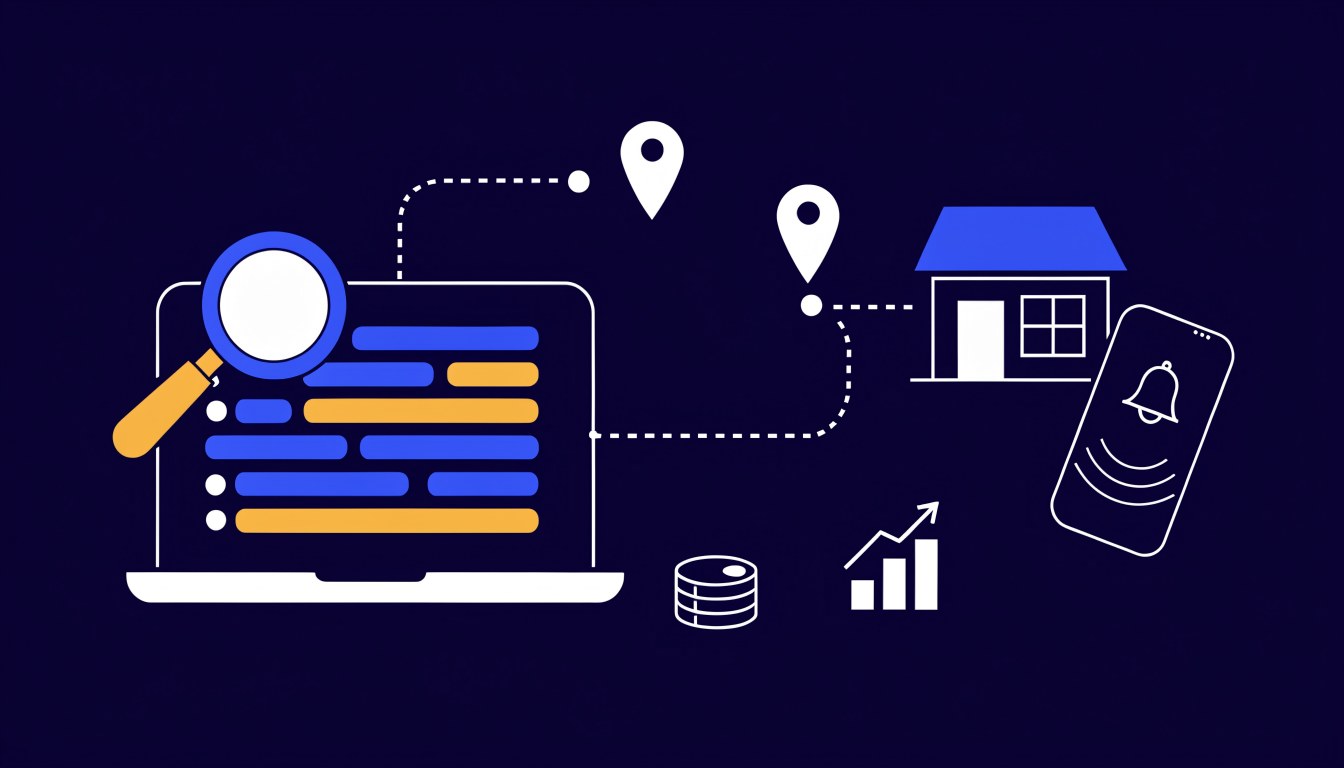 flat illustration of a laptop showing search results with a magnifying glass, a dotted route with map pins leading to a local shopfront and a ringing phone, representing google ads for small businesses Flat illustration of a laptop showing search results with a magnifying glass, a dotted route with map pins leading to a local shopfront and a ringing phone, representing Google Ads for small businesses