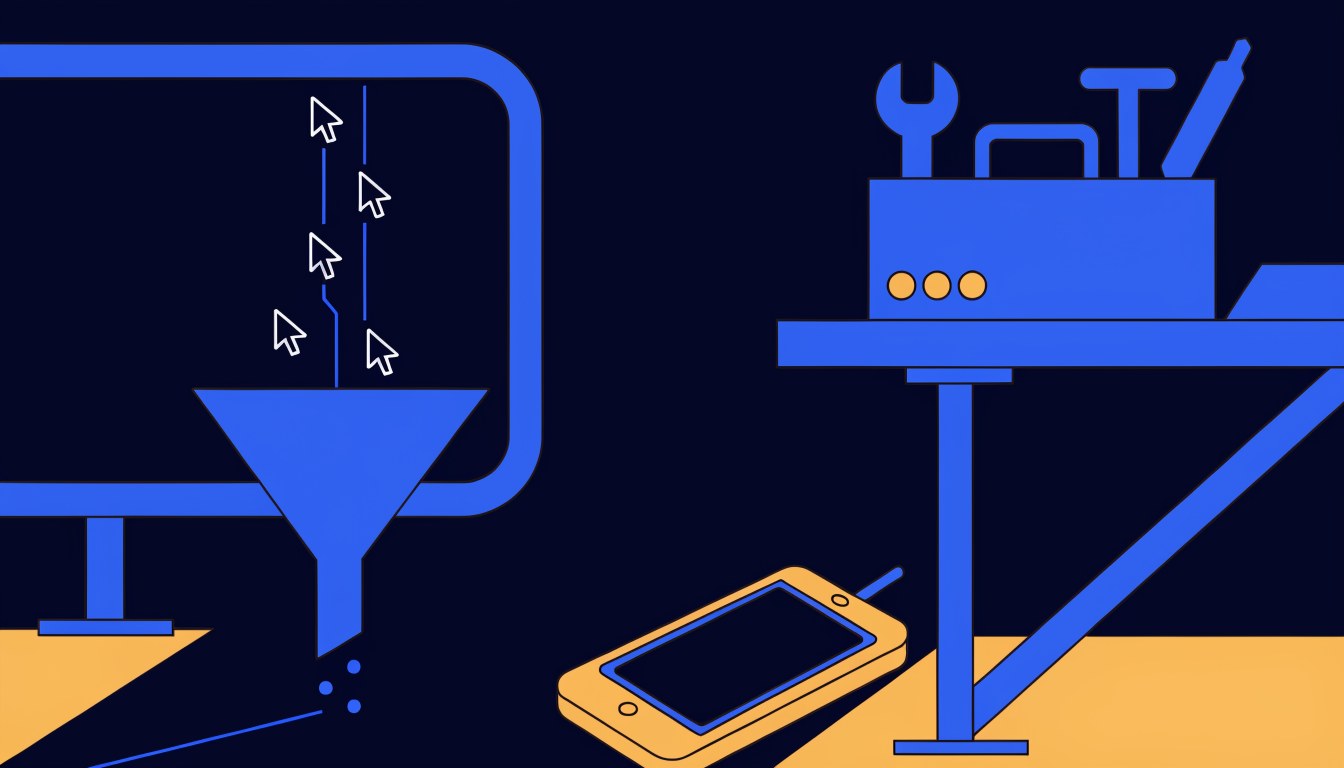 Illustration of ad clicks pouring into a leaking funnel beside a silent phone on a tradesperson's workbench, showing Google Ads clicks that don't turn into calls