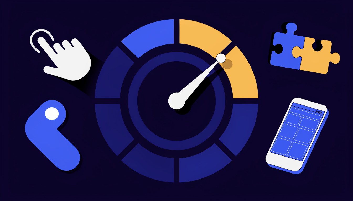 Illustration of a gauge with its needle moving into the amber zone, surrounded by a clicking hand, matching puzzle pieces and a phone showing a web page, representing the three parts of Google Ads Quality Score