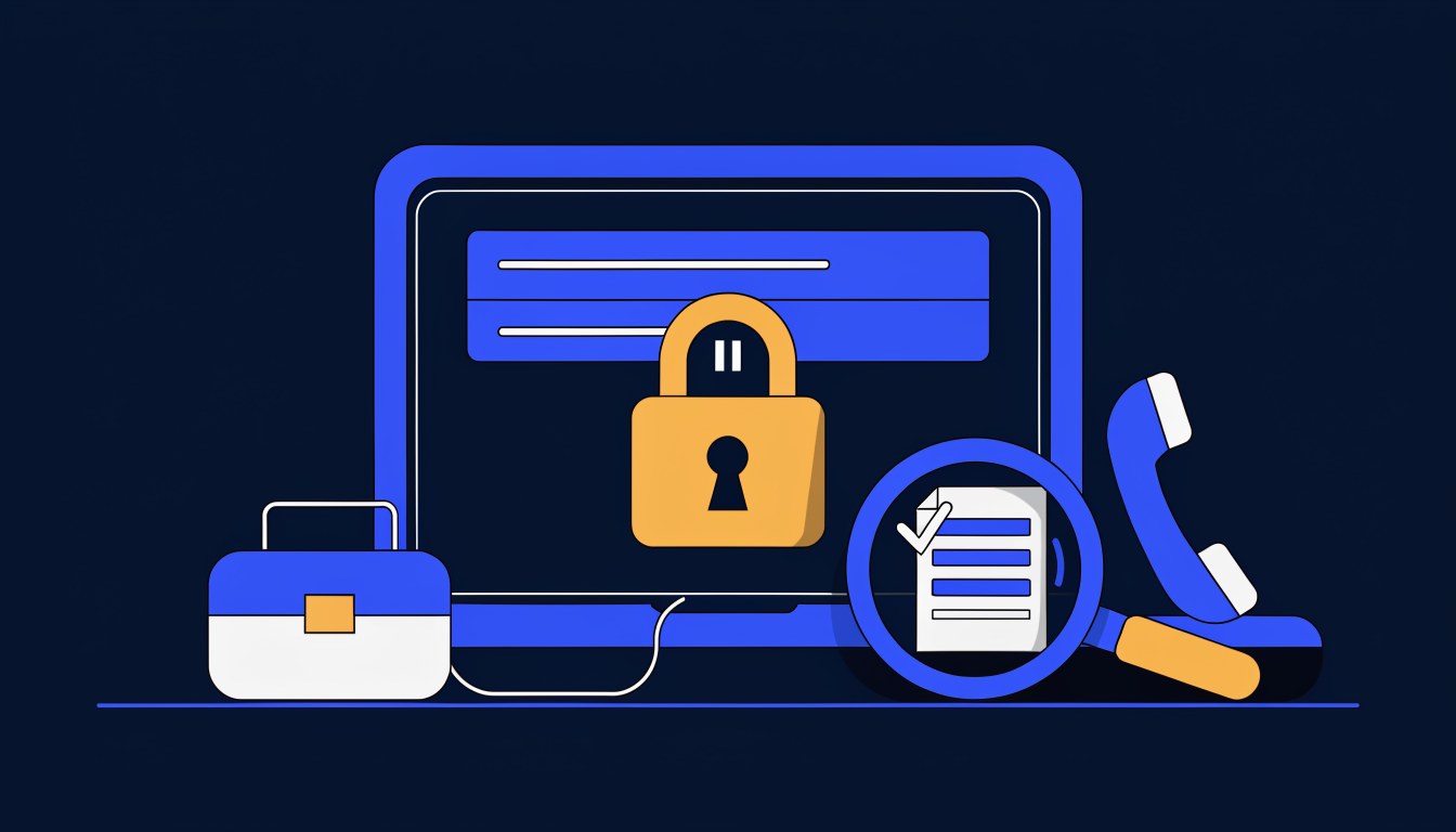 Illustration of a laptop showing a search ad locked with a padlock and pause symbol, beside a toolbox, phone and magnifying glass checking a document, representing a suspended Google Ads account