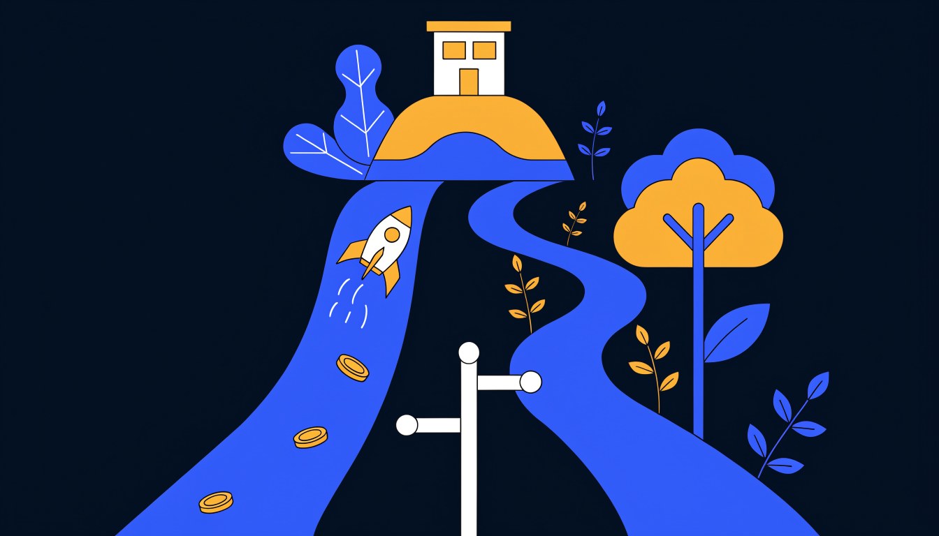 Illustration of a signpost where a fast road with a rocket and coins and a slower path lined with growing plants both lead to a small business on a hill, representing Google Ads versus SEO