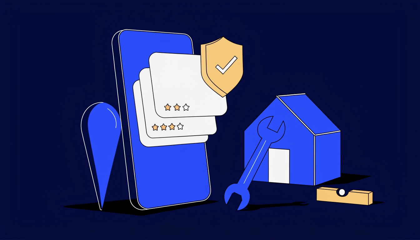 illustration of a smartphone showing local service provider listings with the top listing marked by a verified shield badge, beside a map pin, a house, a spanner and a spirit level, representing local services ads for uk trades Illustration of a smartphone showing local service provider listings with the top listing marked by a verified shield badge, beside a map pin, a house, a spanner and a spirit level, representing Local Services Ads for UK trades