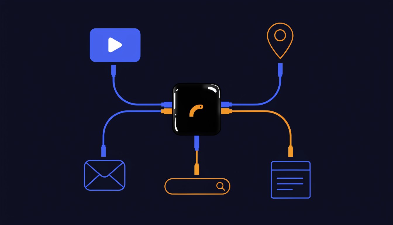 Illustration of a black box with cables running to video, map, email, search and website icons, representing how Performance Max spreads one budget across Google's channels