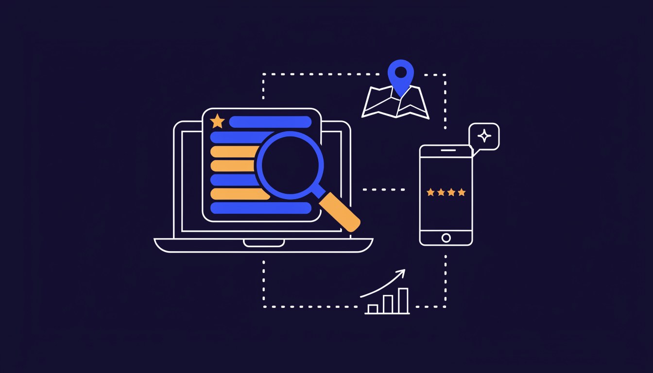 Flat illustration of a laptop showing search results under a magnifying glass, connected by dotted lines to a map pin, a smartphone showing star ratings with an AI chat bubble, and a rising bar chart, representing SEO for small businesses