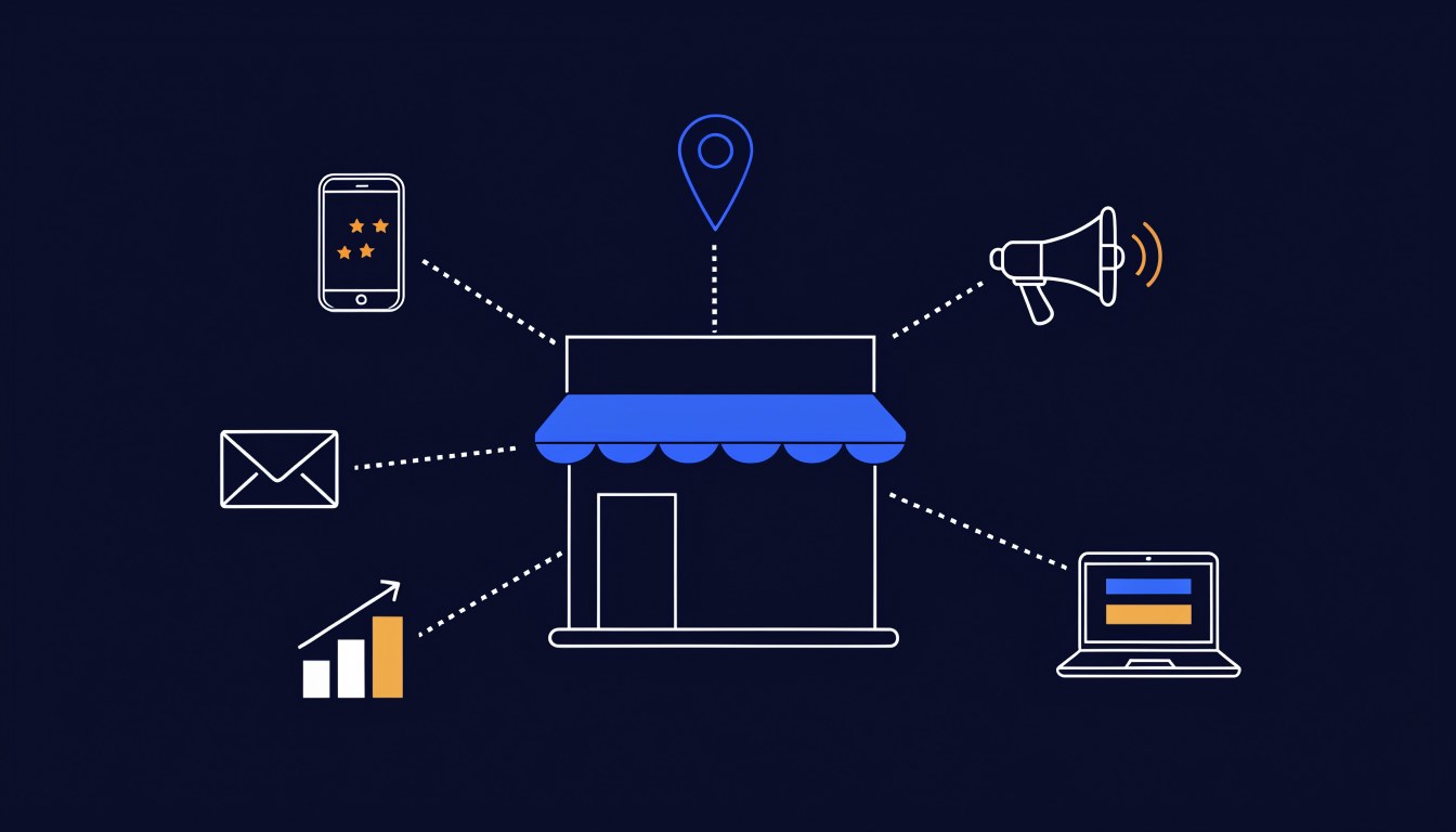 Flat illustration of a small shopfront with a blue awning connected by dotted lines to a map pin, a phone showing star reviews, a megaphone, an email envelope, a laptop and a rising bar chart, representing small business marketing