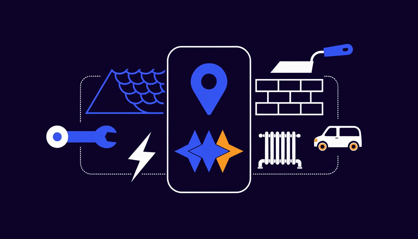 Flat illustration of a smartphone showing a map pin, surrounded by trade icons including a wrench, lightning bolt, roof tiles, brick wall, radiator and van, representing marketing for tradespeople