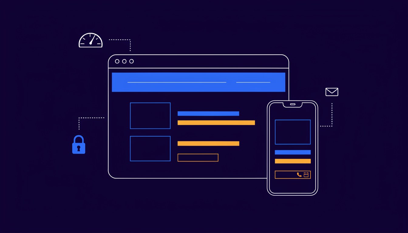 Flat illustration of a website wireframe in a browser window beside a smartphone showing the mobile version with a tap-to-call button, with speed gauge, padlock and email icons, representing a small business website